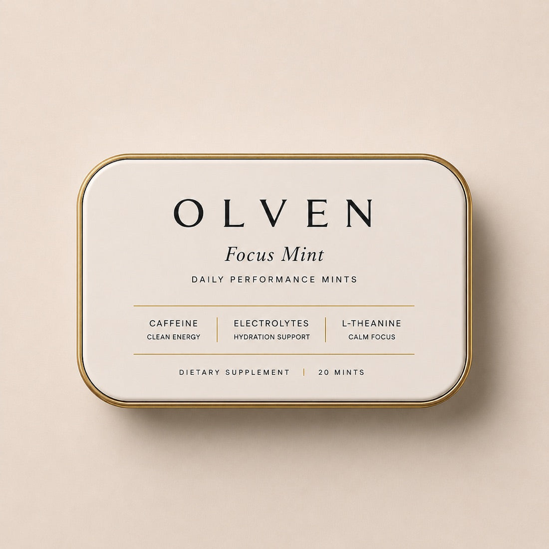 The Olven Focus Mint tin, front on — matte cream with a thin gold rim